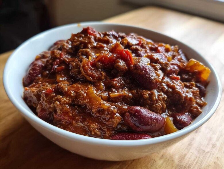 Close-up of a white bowl filled with rich, hearty chili featuring ground meat and kidney beans.