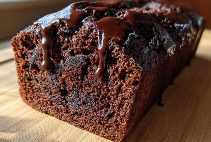 Close-up of a freshly baked hot fudge brownie bread loaf with rich chocolate glaze dripping down the side.