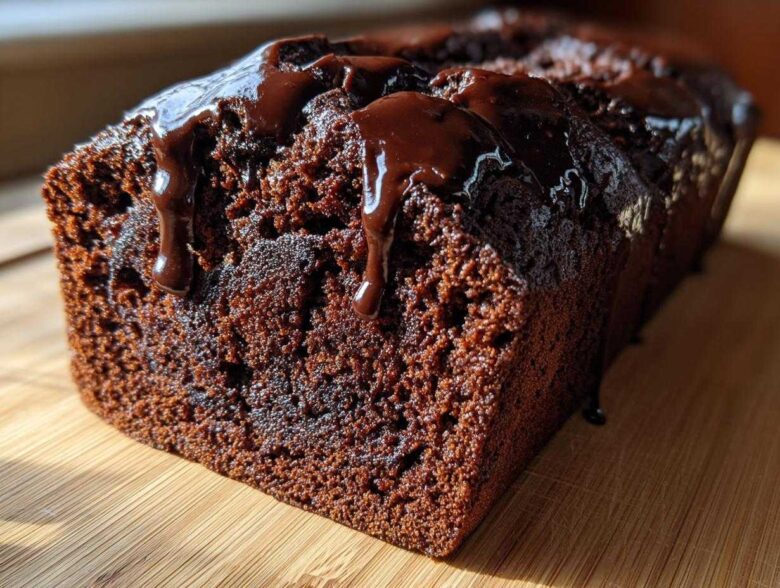 Close-up of a freshly baked hot fudge brownie bread loaf with rich chocolate glaze dripping down the side.