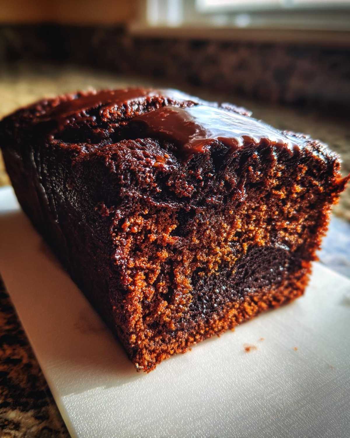 Close-up of a freshly baked hot fudge brownie bread loaf with a shiny chocolate fudge topping.
