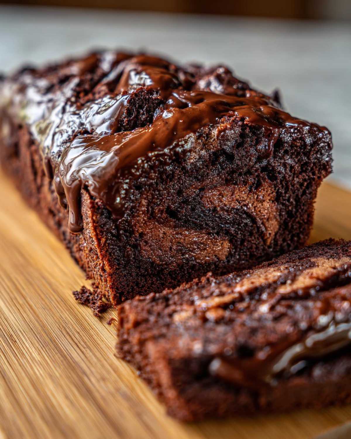 Close-up of a rich, dark hot fudge brownie bread loaf, partially sliced, topped with glossy chocolate drizzle.