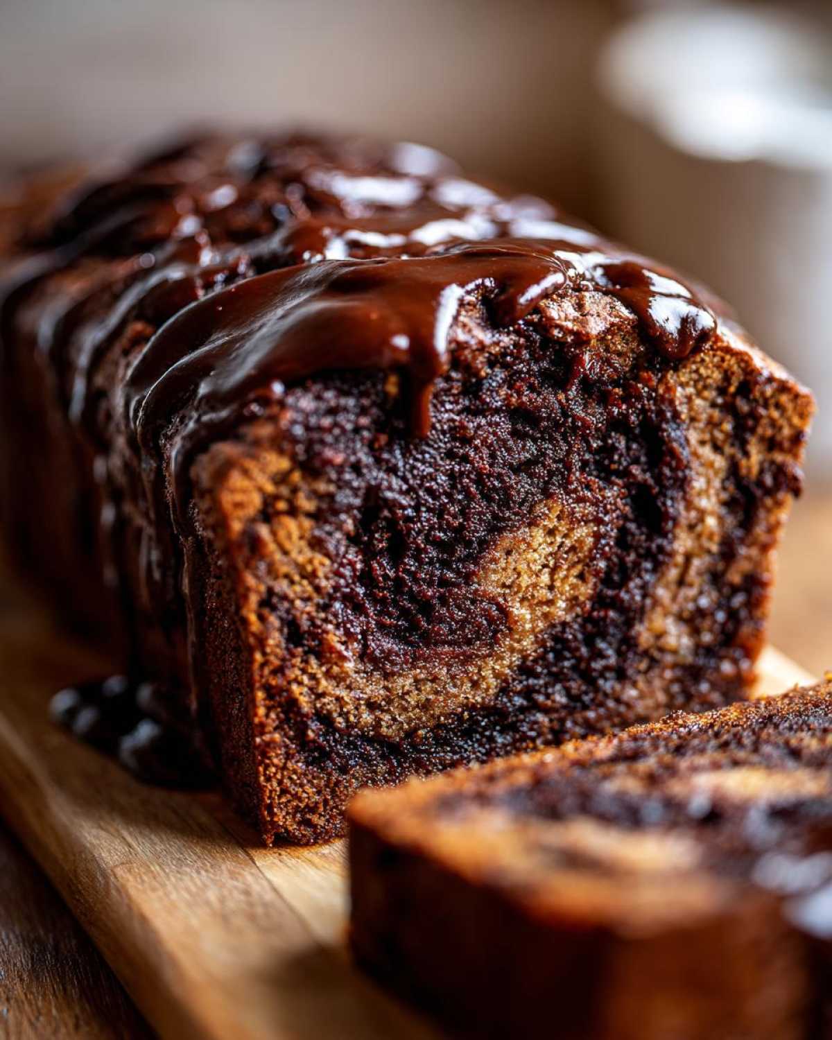Close-up of a sliced hot fudge brownie bread loaf drizzled generously with dark chocolate fudge sauce.