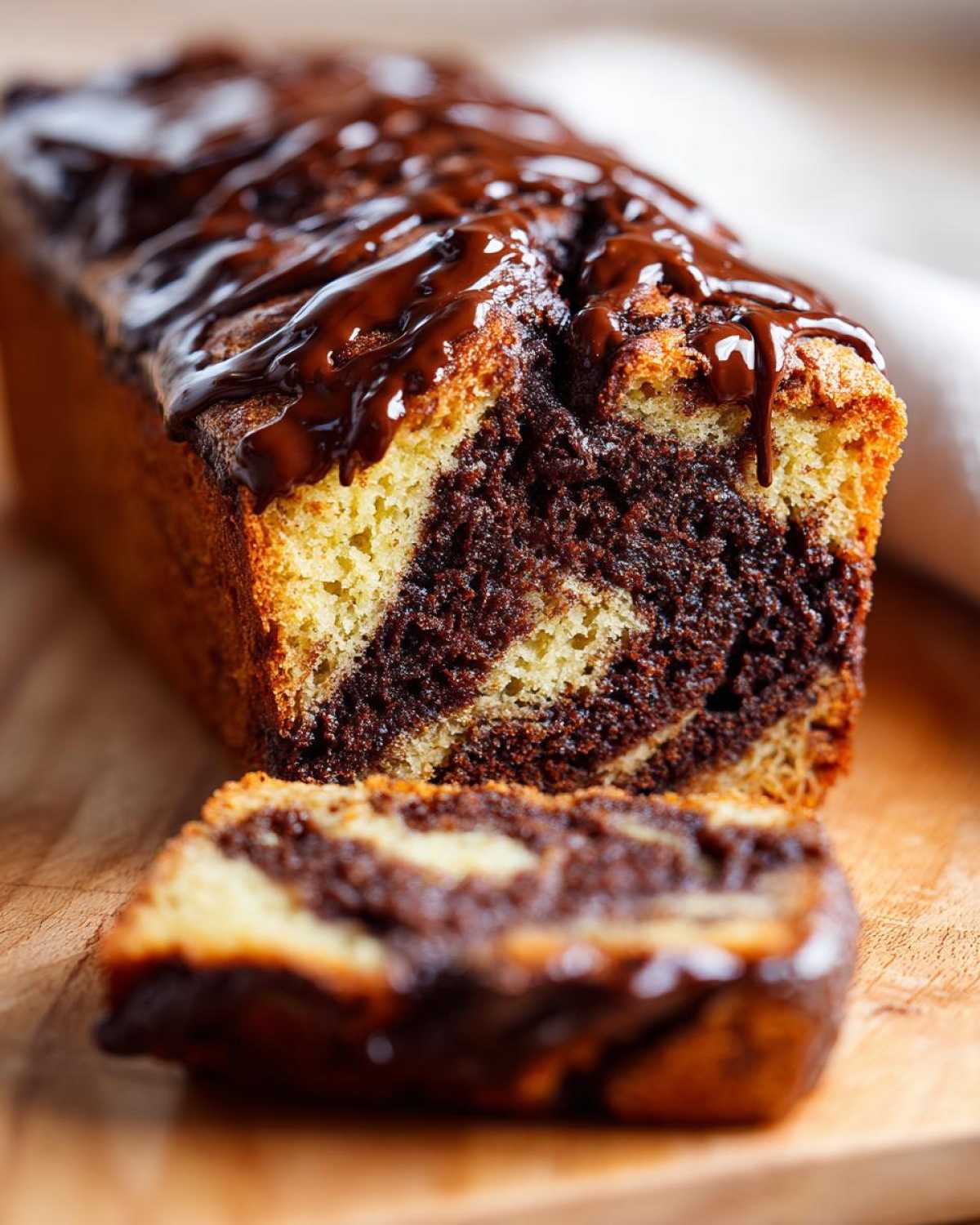 Close-up of a sliced hot fudge brownie bread loaf drizzled with rich, dark chocolate fudge topping.