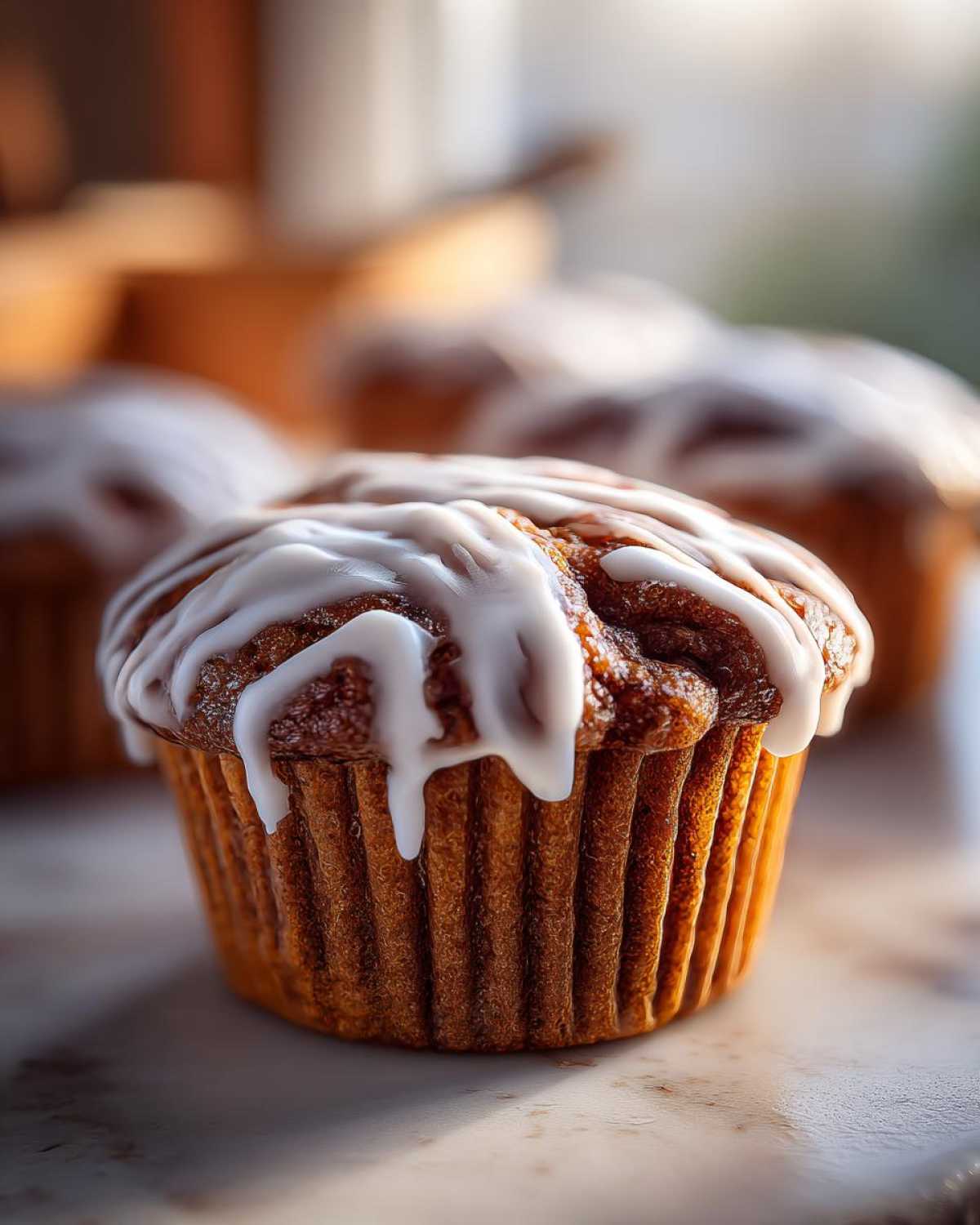 A close-up of a freshly baked cinnamon roll muffin topped with thick white icing drizzle.