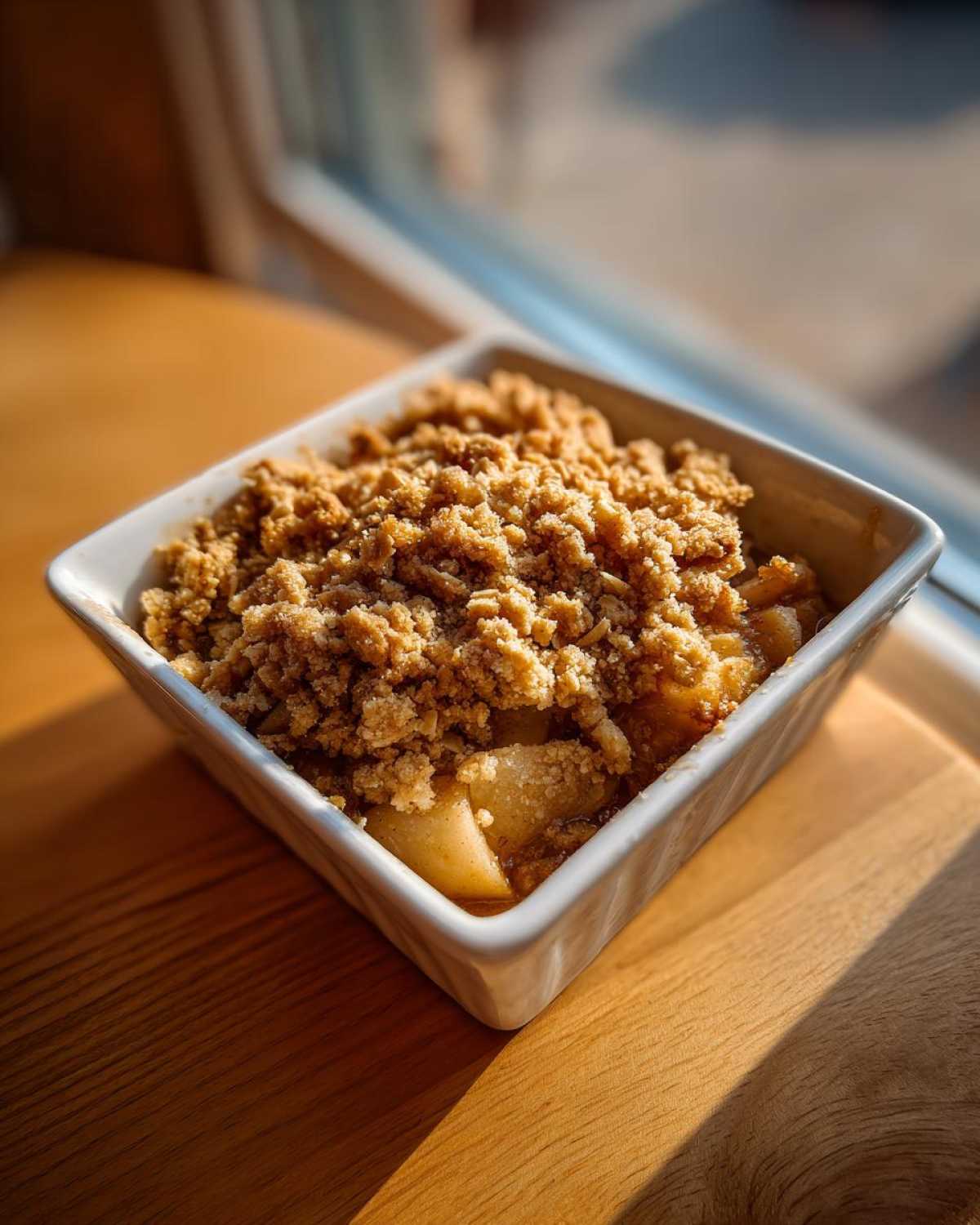 Close-up of a single serving apple crisp recipe in a white square dish with a golden crumble topping.