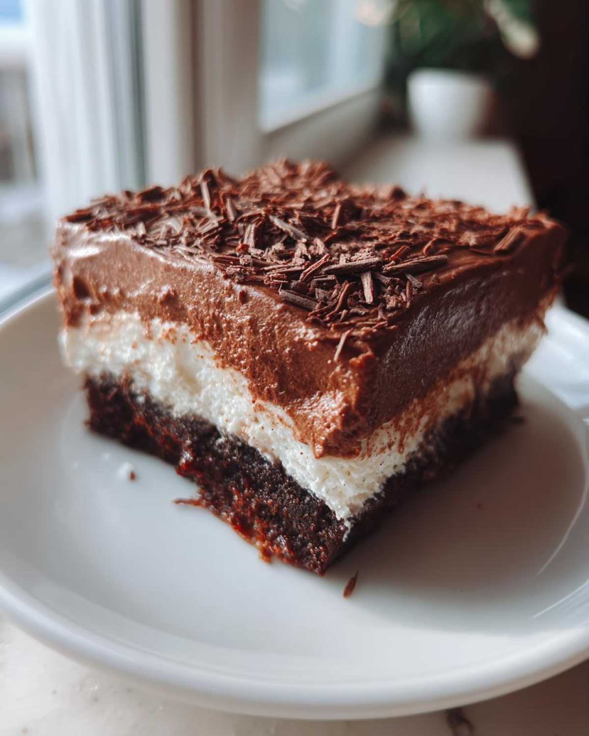 A decadent square slice of italian love cake featuring a dark base, white cream layer, and thick chocolate mousse topped with chocolate shavings.