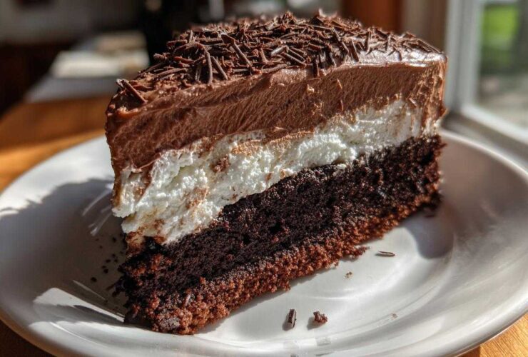 A rich slice of layered Italian love cake featuring a dark chocolate base, white cream layer, and chocolate mousse topping with shavings.
