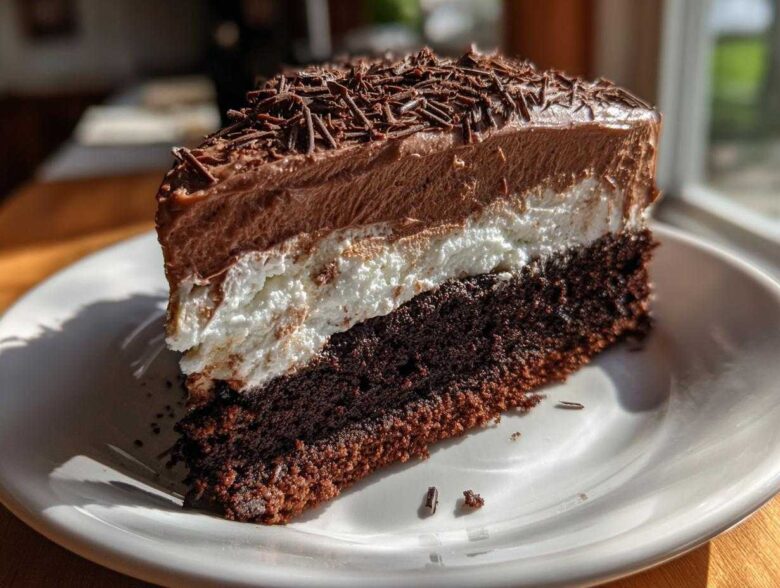 A rich slice of layered Italian love cake featuring a dark chocolate base, white cream layer, and chocolate mousse topping with shavings.