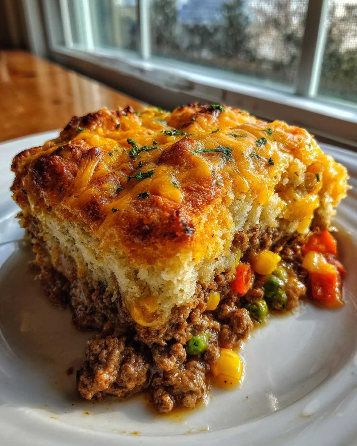 A hearty square serving of john wayne casserole featuring a biscuit topping with melted cheddar cheese over seasoned ground beef and mixed vegetables.