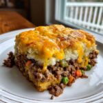 A hearty slice of john wayne casserole featuring a ground beef filling, vegetables, and a cheesy biscuit topping.