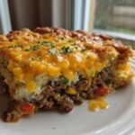 A generous slice of john wayne casserole featuring a ground beef layer, a white topping, and melted cheddar cheese.