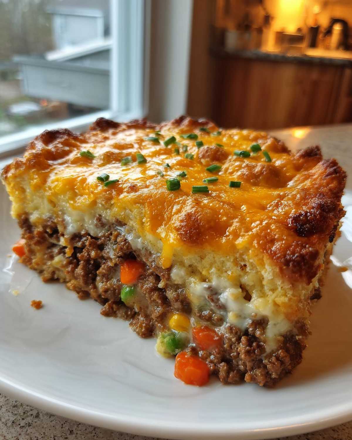 A thick slice of john wayne casserole featuring a ground beef layer with vegetables and a golden, cheesy topping garnished with chives.