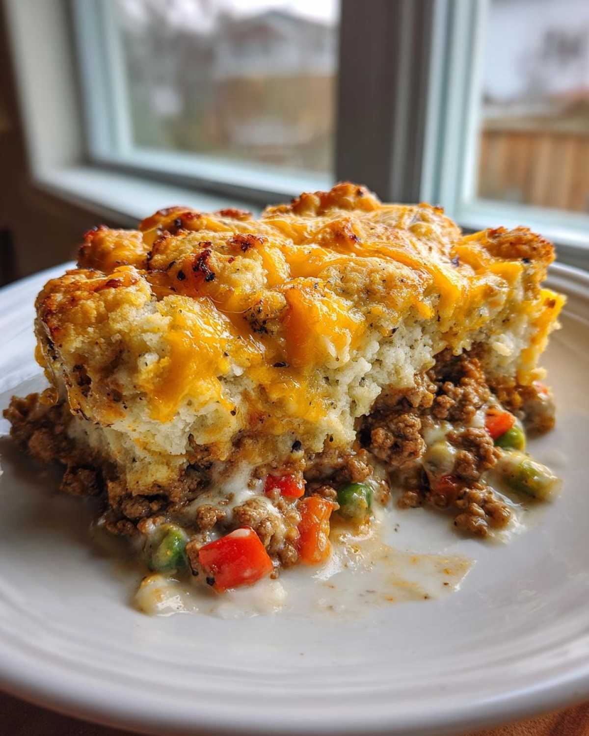 A close-up of a serving of john wayne casserole with a cheesy topping over ground meat and vegetables.