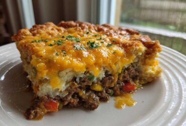 A generous slice of john wayne casserole featuring a ground beef layer, a white topping, and melted cheddar cheese.