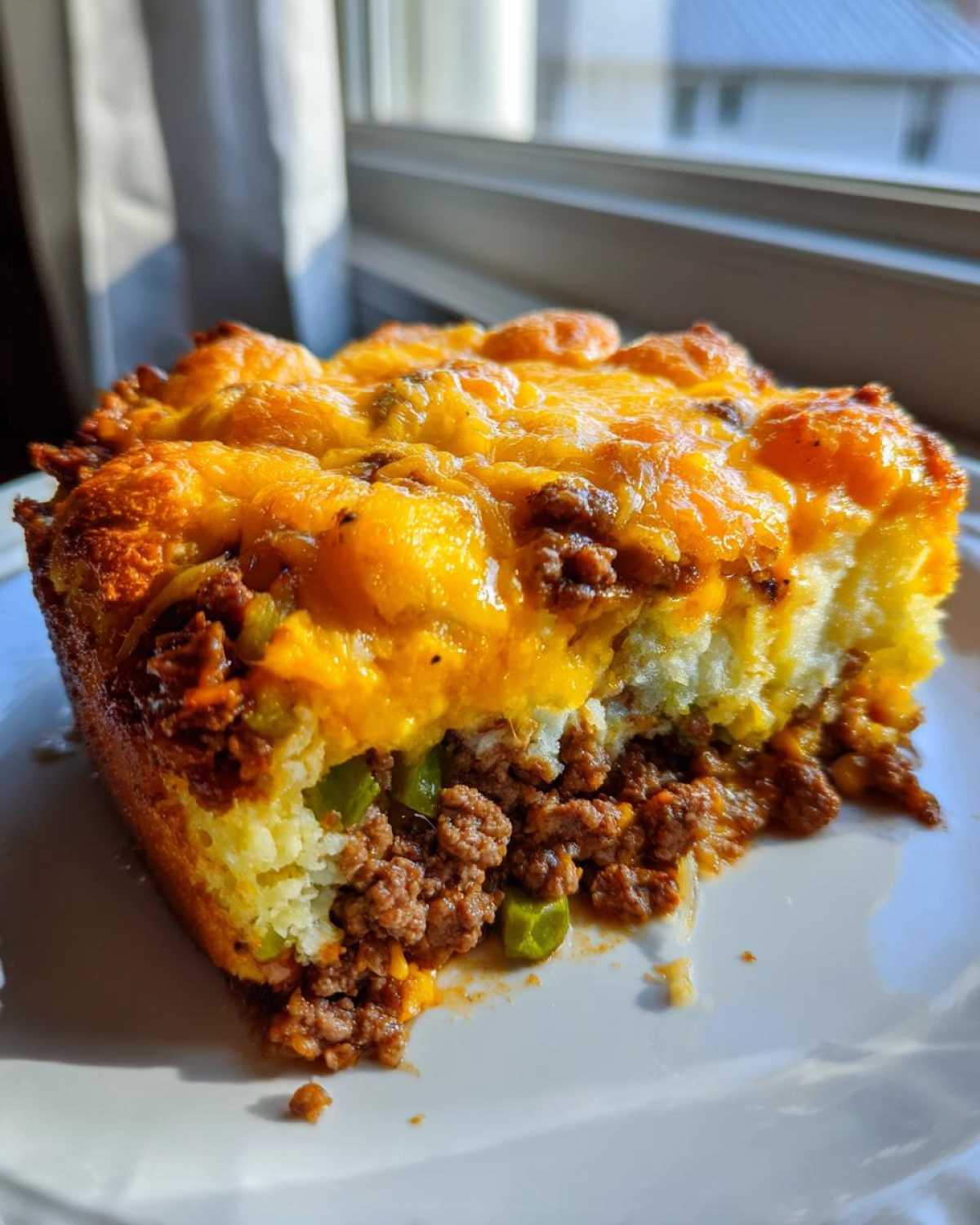 A close-up slice of john wayne casserole showing layers of biscuit, seasoned ground beef, and melted cheddar cheese topping.