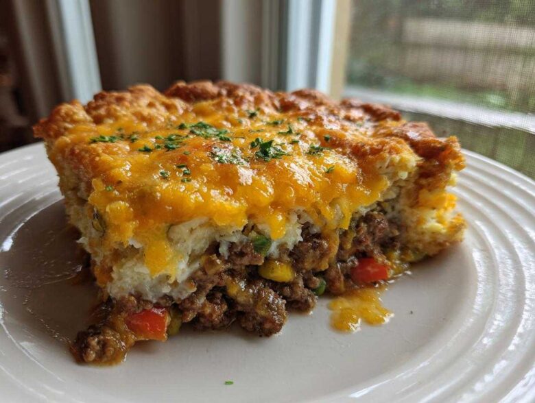 A generous slice of john wayne casserole featuring a ground beef layer, a white topping, and melted cheddar cheese.