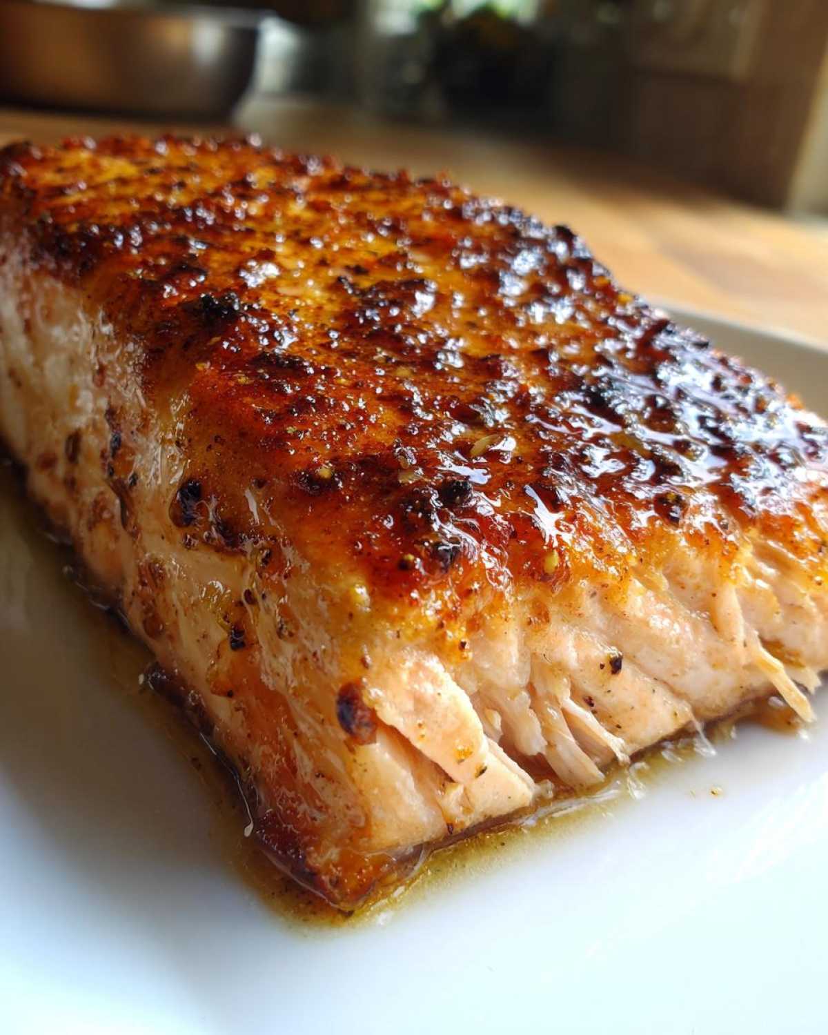 Close-up of a juicy, glazed air fryer salmon fillet with a caramelized top resting on a white plate.