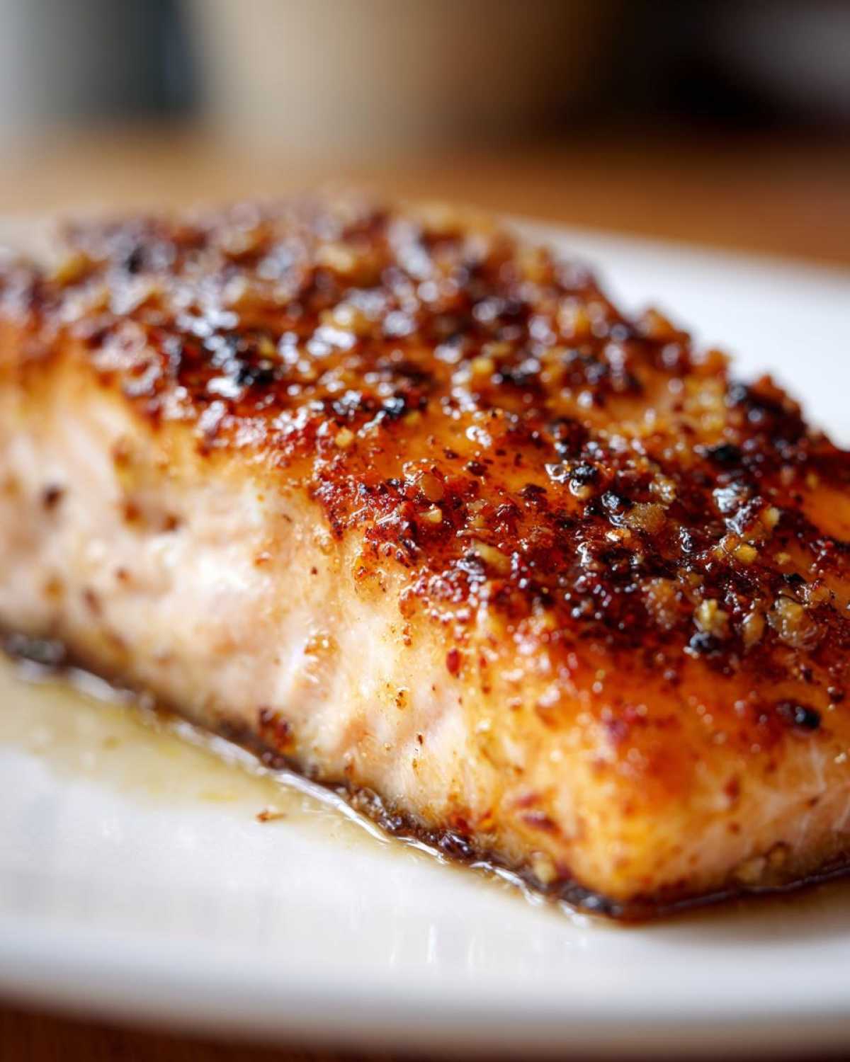 A close-up shot of a perfectly cooked, juicy air fryer salmon fillet with a caramelized, seasoned crust resting on a white plate.