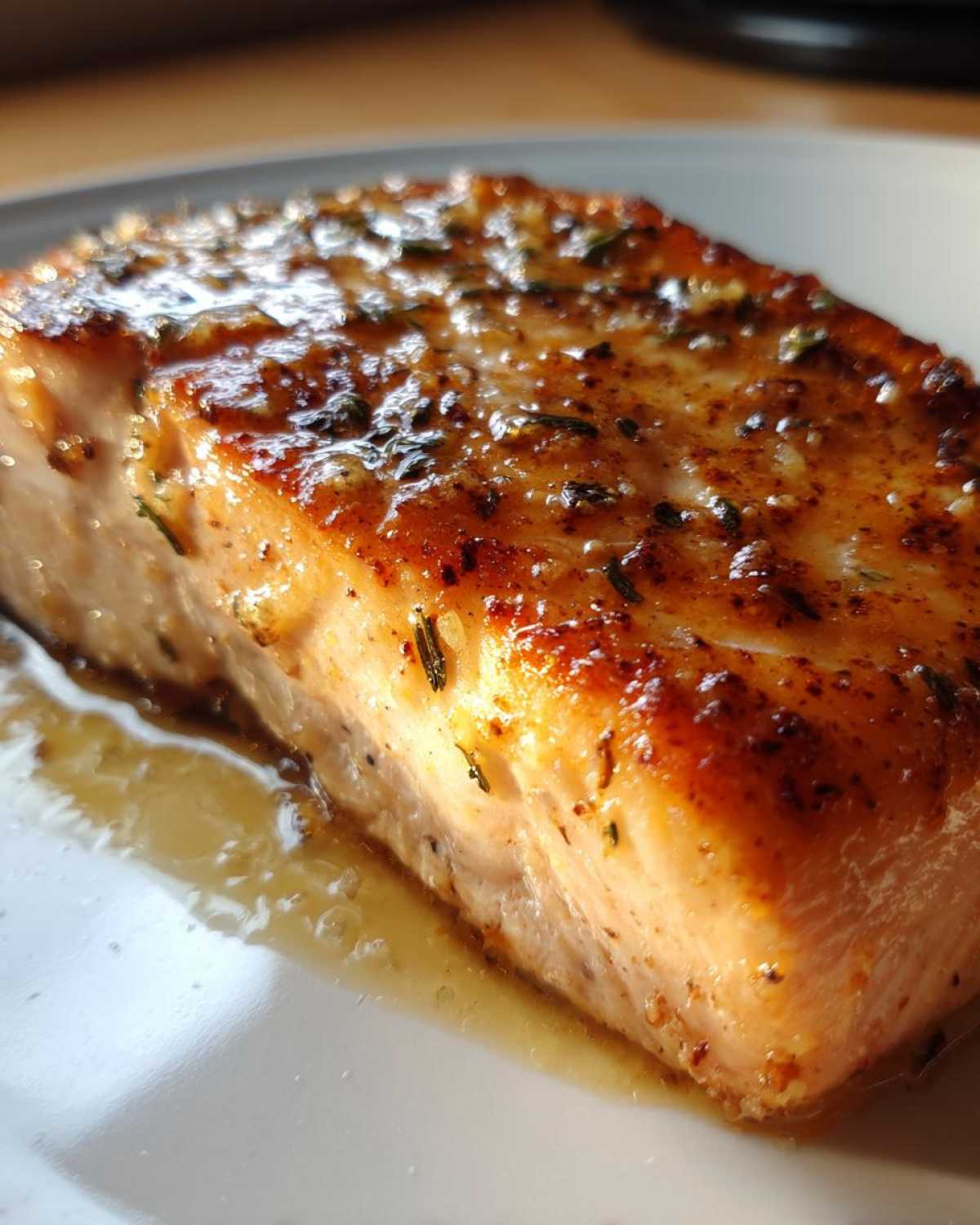 Close-up of a juicy, glazed air fryer salmon fillet resting in its own juices on a white plate.