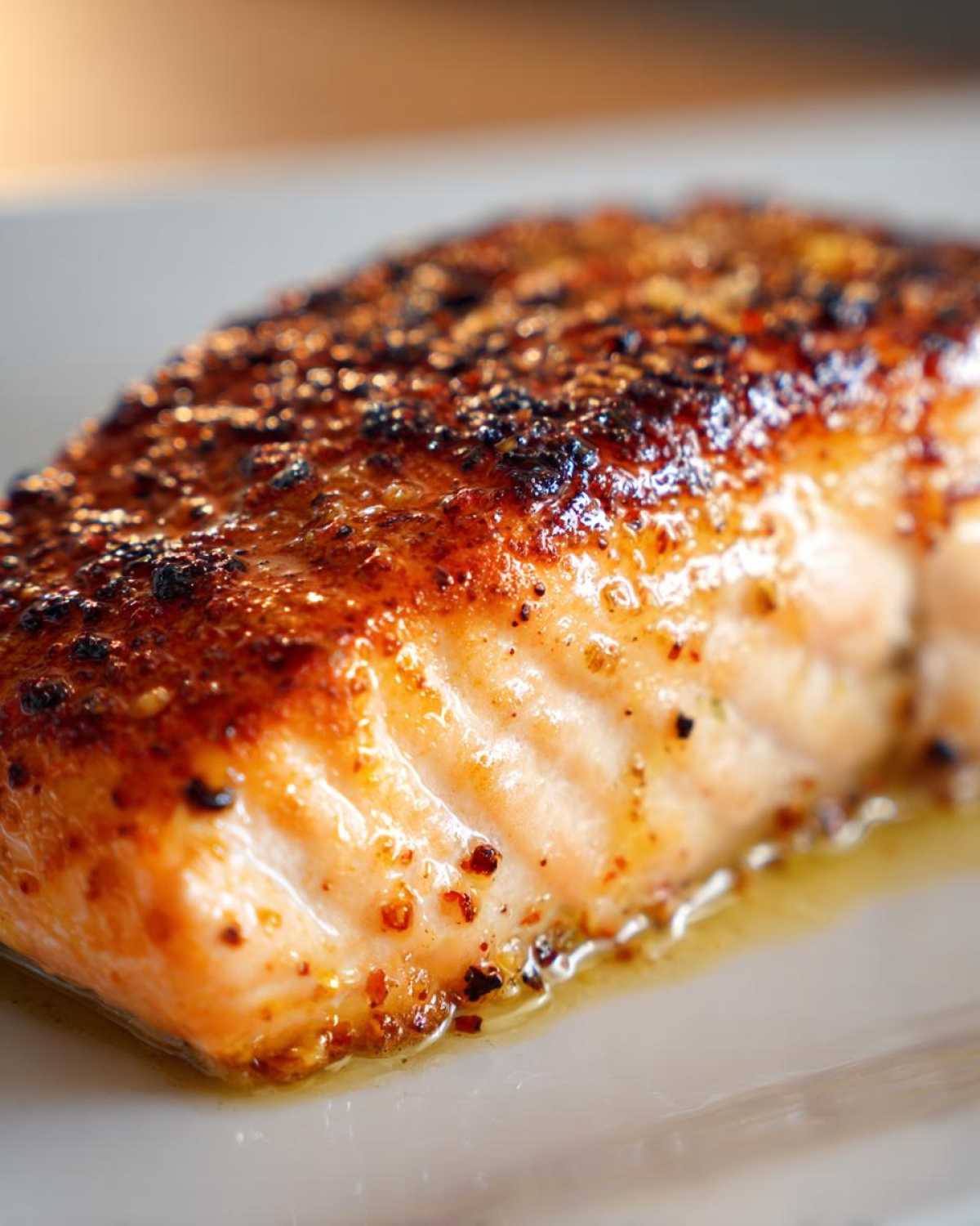 Close-up of a juicy, perfectly seasoned and slightly caramelized air fryer salmon fillet resting on a white plate.