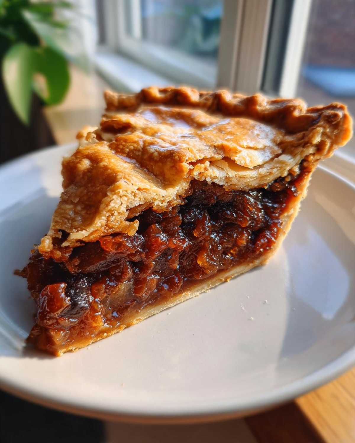 A close-up of a thick slice of mincemeat pie showing the rich, dark filling and flaky, golden-brown crust.