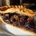 Close-up of a slice of homemade mincemeat pie showing rich, dark, glistening filling and flaky crust.
