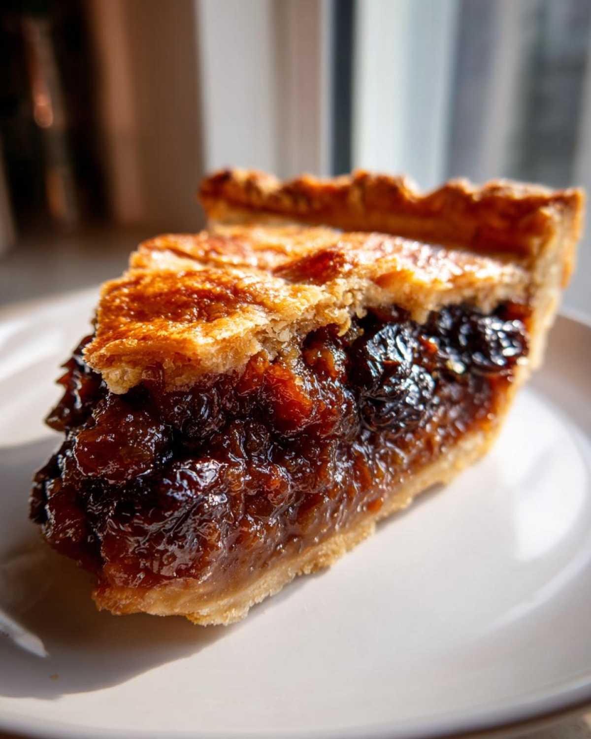 Close-up of a thick slice of mincemeat pie showing rich, dark, glossy filling and flaky golden crust.