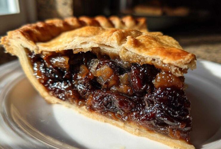 Close-up of a slice of homemade mincemeat pie showing rich, dark, glistening filling and flaky crust.