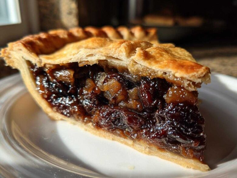 Close-up of a slice of homemade mincemeat pie showing rich, dark, glistening filling and flaky crust.
