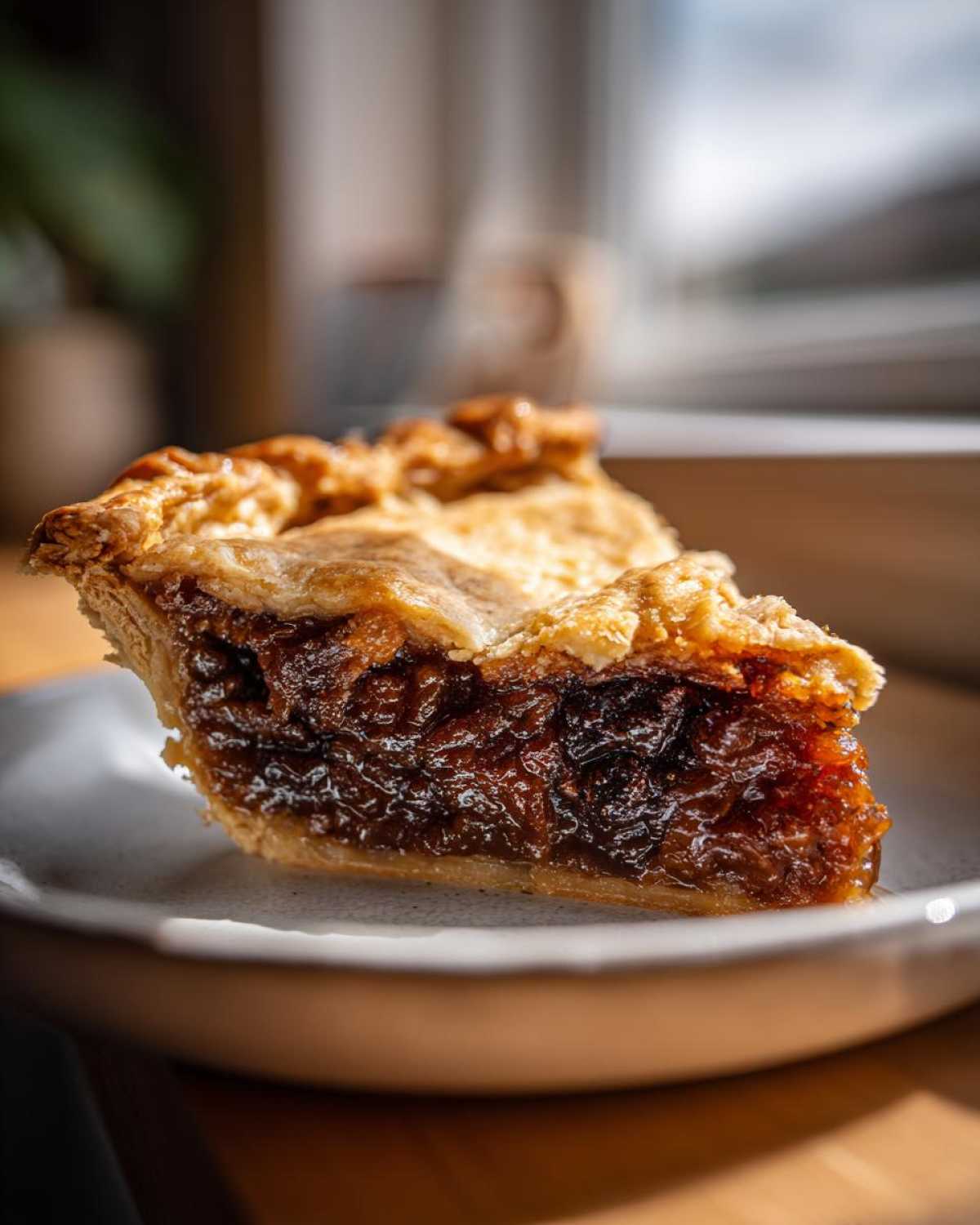 A close-up, sunlit slice of mincemeat pie showing the rich, dark, juicy filling and flaky golden crust.