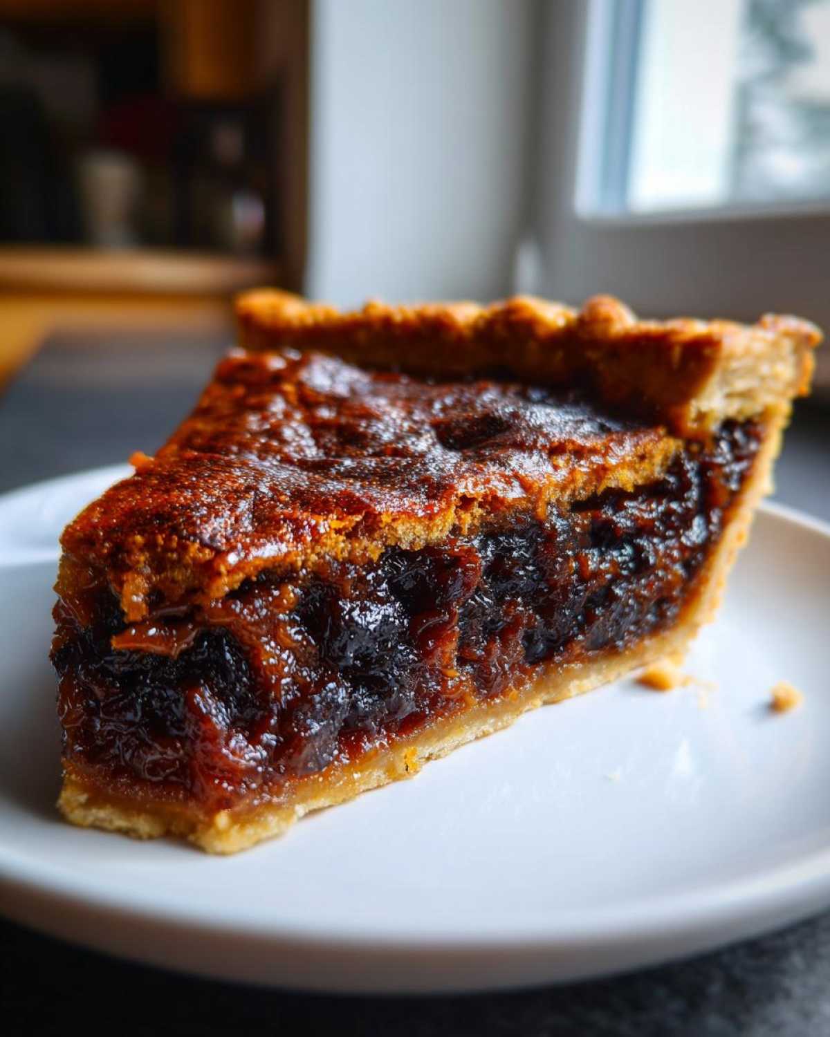 A close-up shot of a thick slice of rich, dark mincemeat pie resting on a white plate.