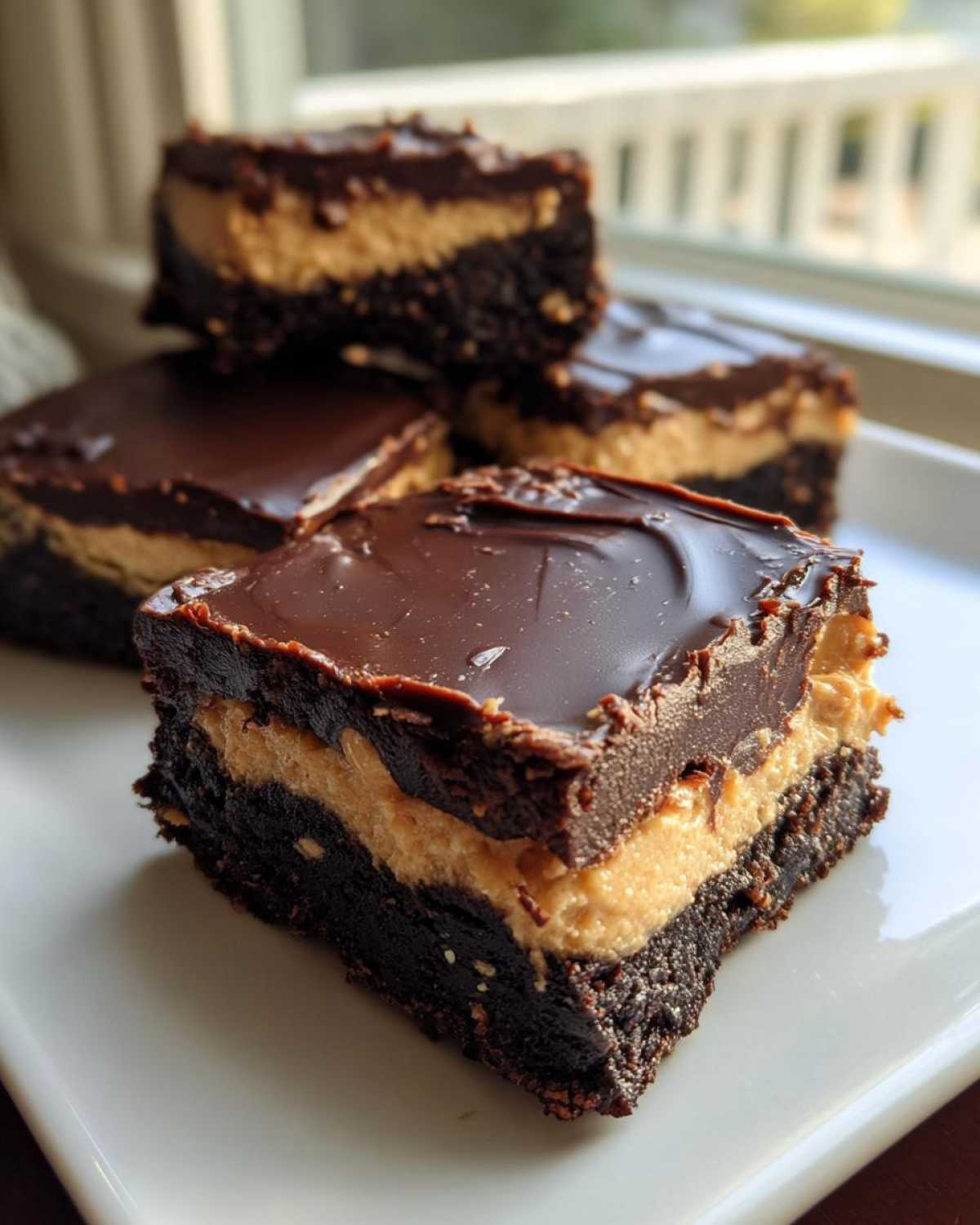 A close-up of a rich, layered buckeye brownies square showing the dark chocolate base, peanut butter filling, and chocolate ganache top.