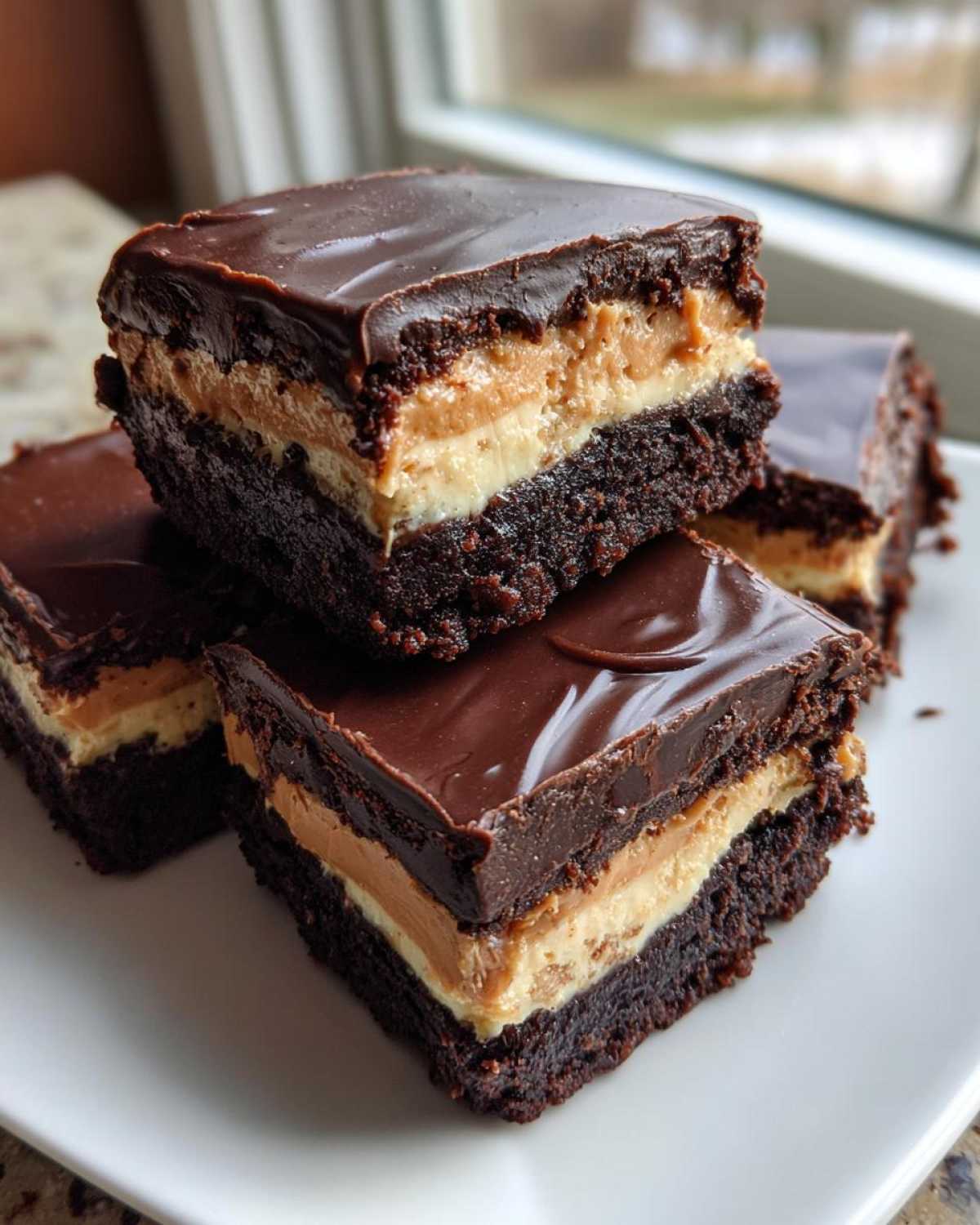 A stack of rich, three-layer buckeye brownies featuring a dark chocolate base, peanut butter filling, and glossy chocolate topping.