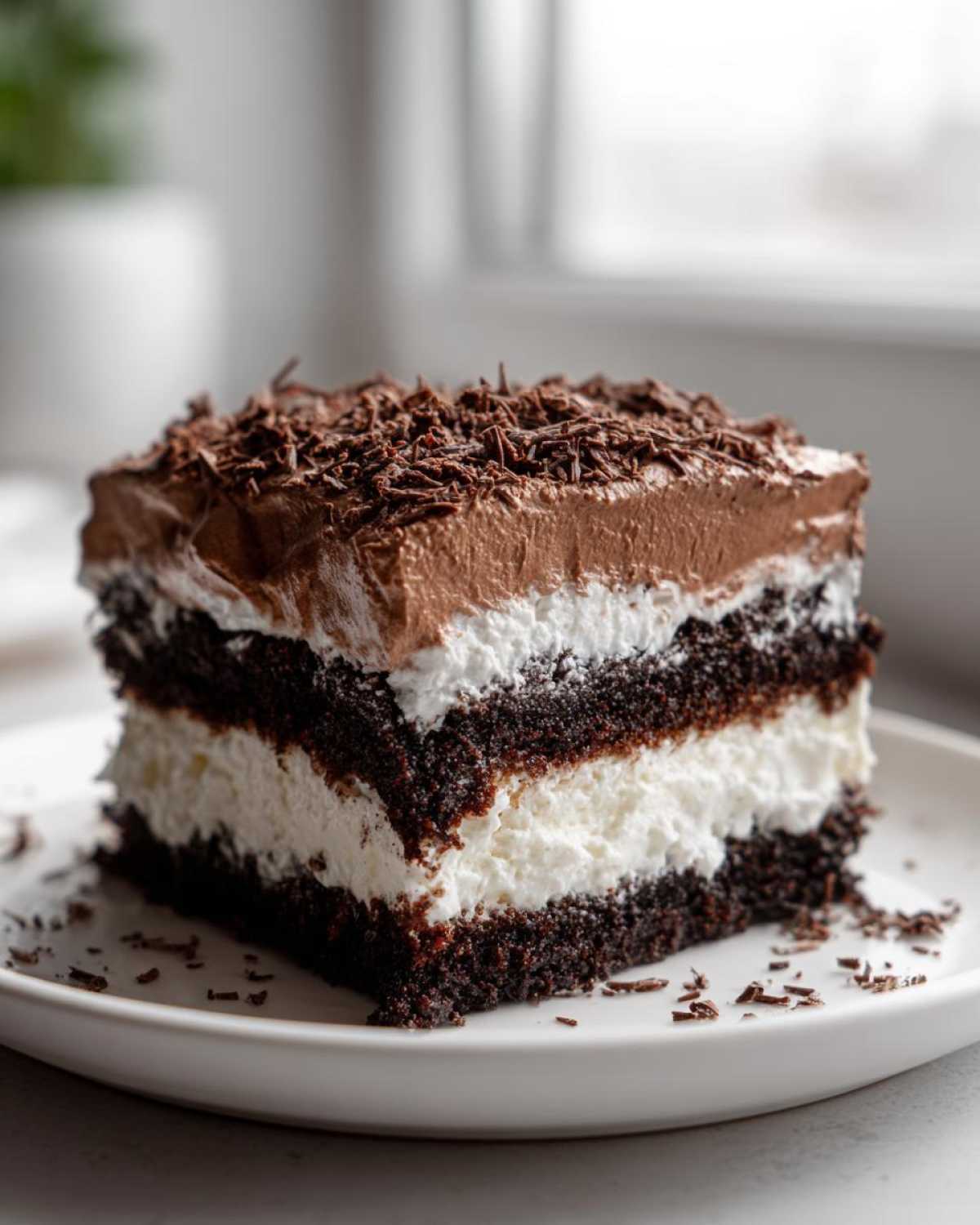 Close-up of a rich, layered slice of chocolate cake with white cream and chocolate frosting, reminiscent of italian love cake.
