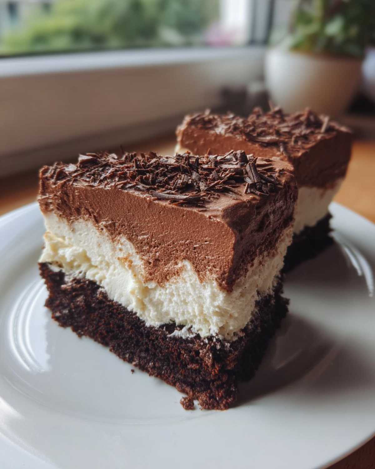 Two slices of rich, layered chocolate cake, possibly an Italian love cake variation, topped with chocolate shavings.