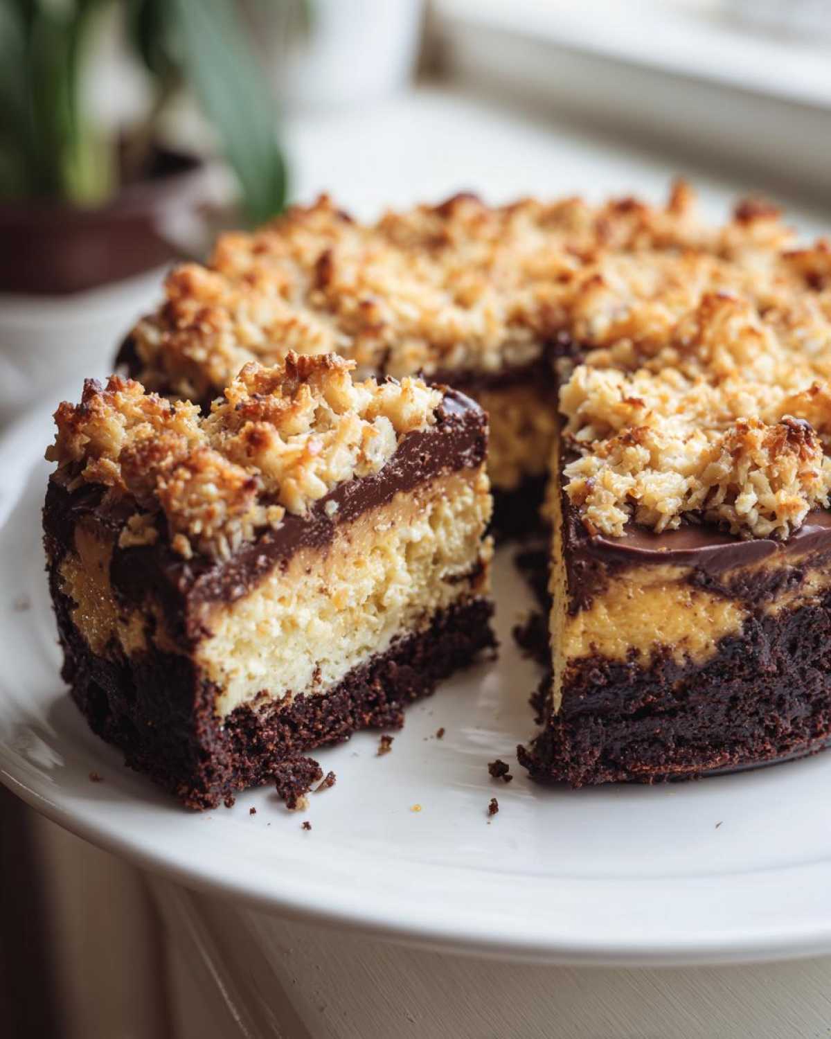 A slice removed from a rich german chocolate cheesecake showing its brownie base, creamy filling, and toasted coconut pecan topping.