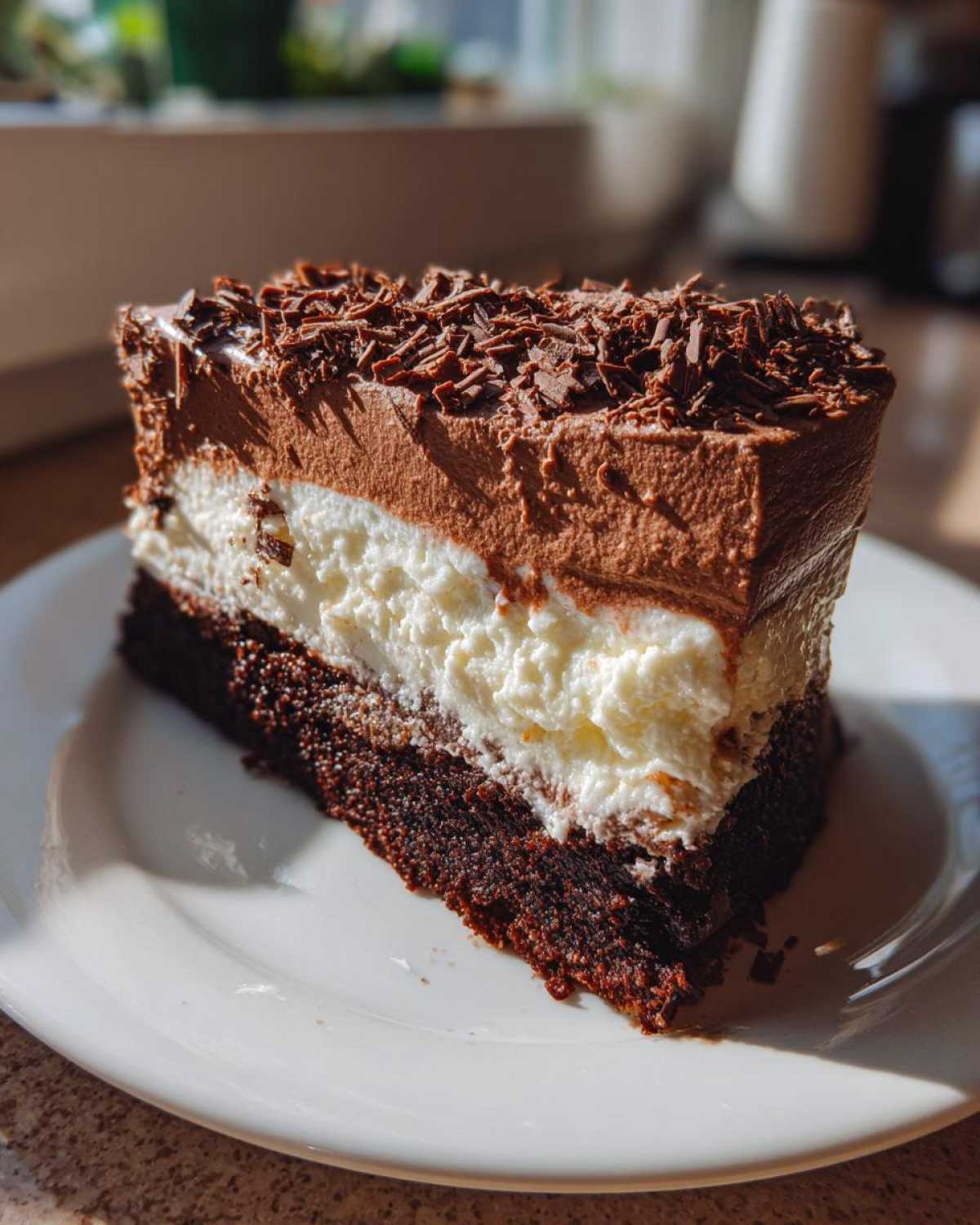 A rich slice of layered italian love cake featuring a dark chocolate base, white cream layer, and chocolate mousse top with shavings.