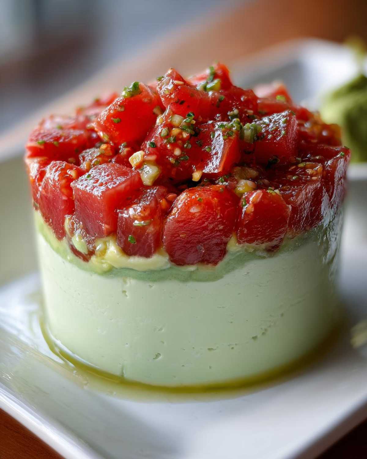 Close-up of layered tuna tartare featuring diced red tuna over a creamy avocado base, served on a white plate.
