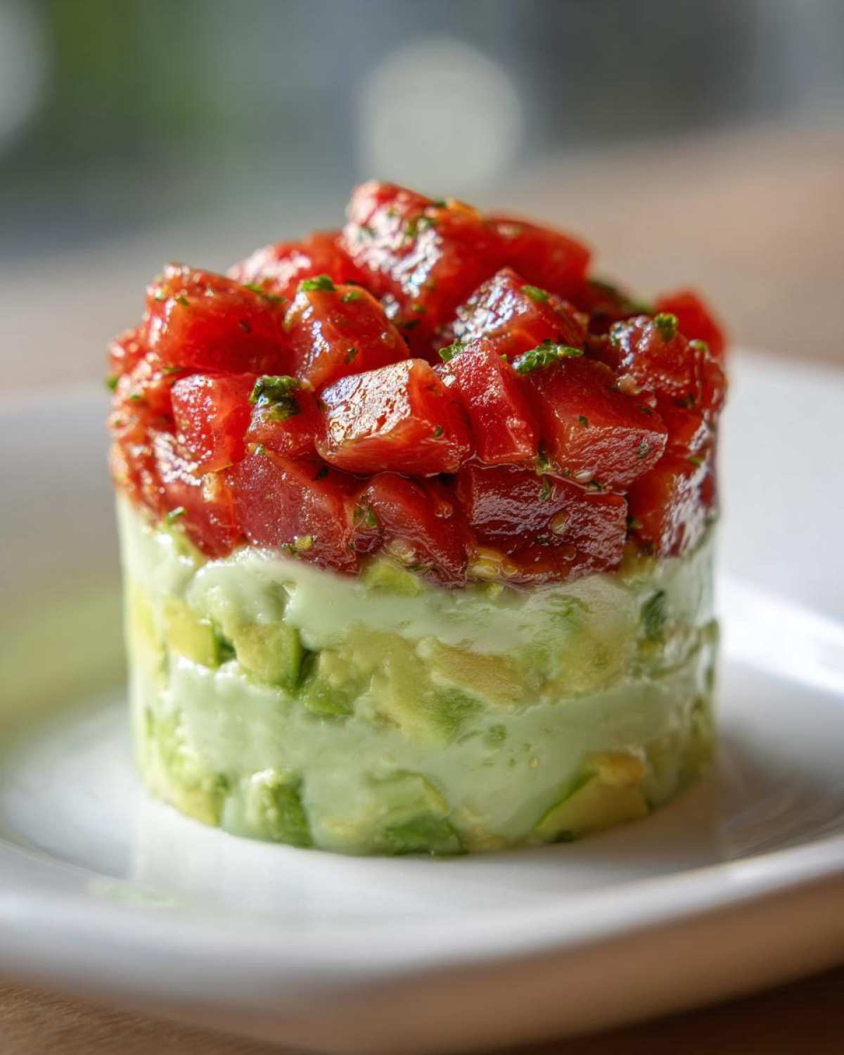 Close-up of a perfectly molded tuna tartare tower featuring a layer of avocado puree and diced tuna seasoned with herbs.