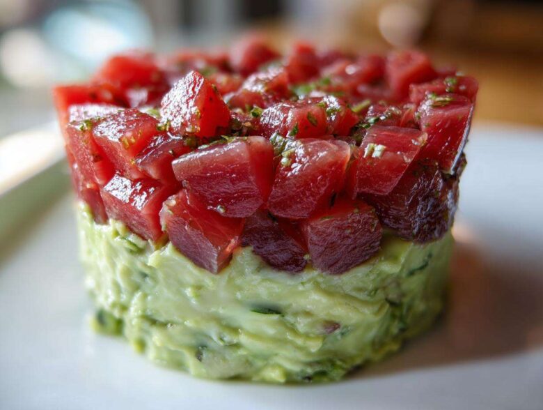 Close-up of a molded tuna tartare tower featuring bright red, diced tuna over a creamy green avocado base.