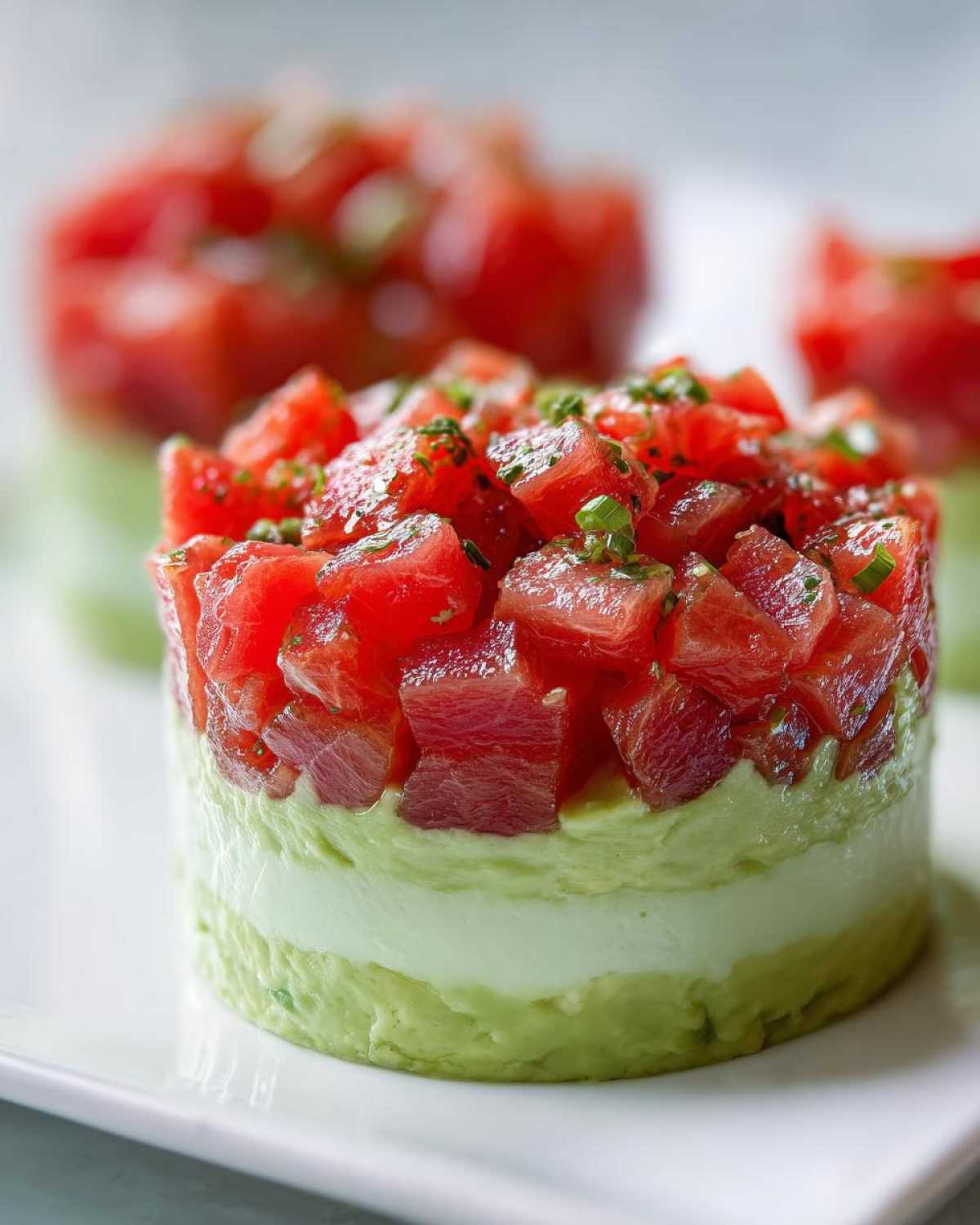 Close-up of layered tuna tartare stacked over creamy avocado puree on a white plate.