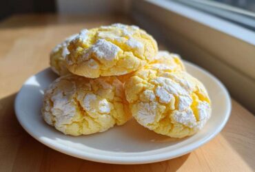 A stack of bright yellow lemon crinkle cookies dusted heavily with powdered sugar, sitting on a small white plate.