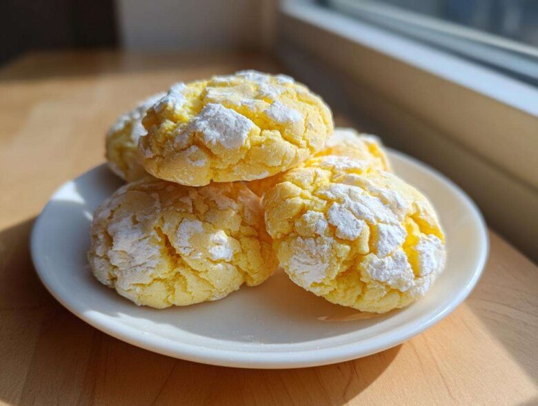 A stack of bright yellow lemon crinkle cookies dusted heavily with powdered sugar, sitting on a small white plate.