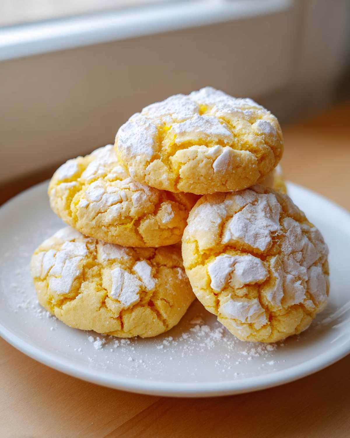 A stack of four bright yellow lemon crinkle cookies generously dusted with powdered sugar on a white plate.