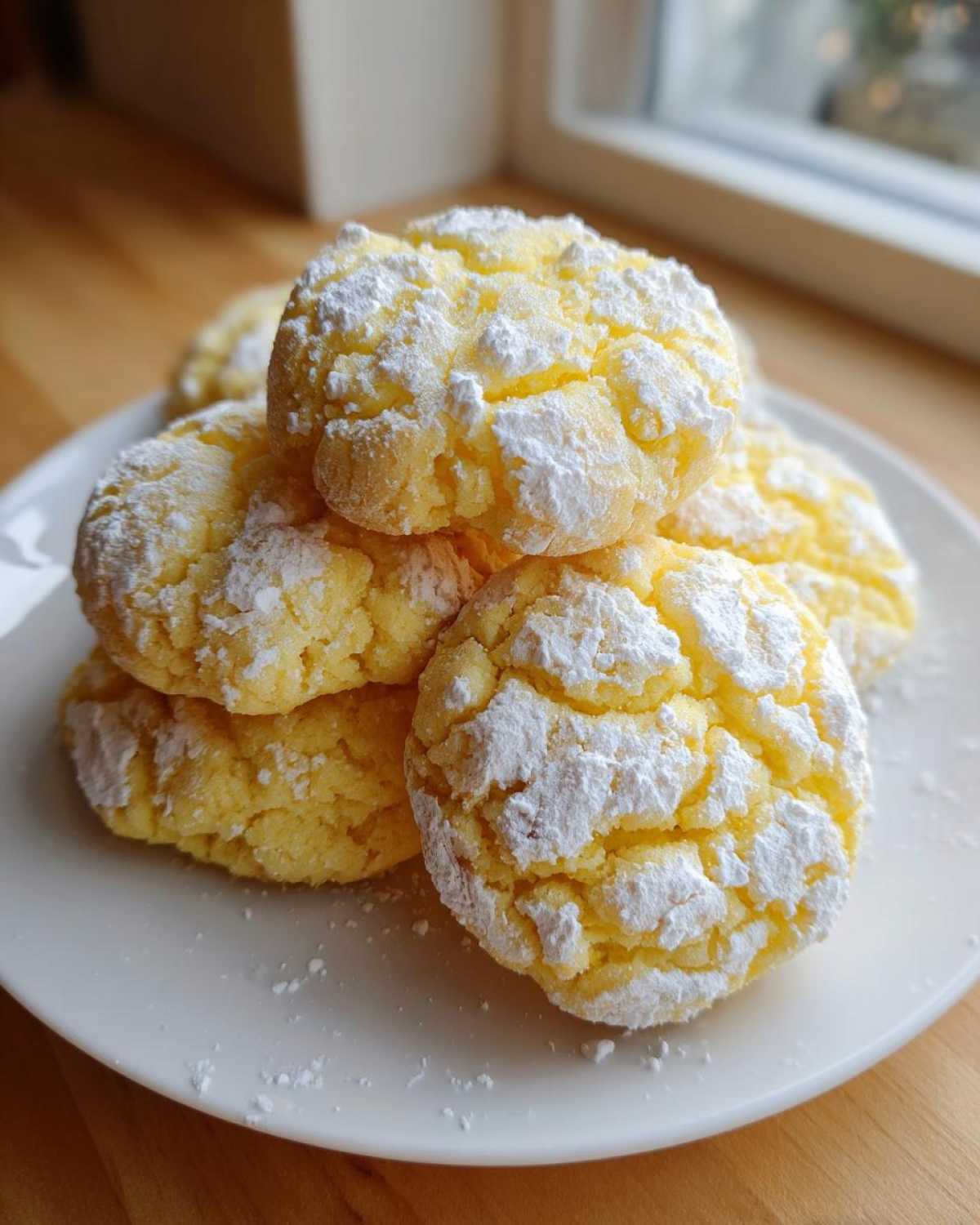 A stack of bright yellow lemon crinkle cookies heavily dusted with white powdered sugar on a white plate.
