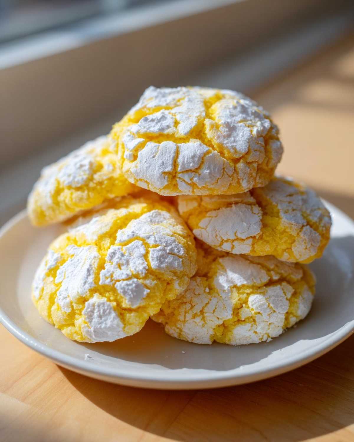 A small stack of vibrant yellow lemon crinkle cookies heavily dusted with white powdered sugar.