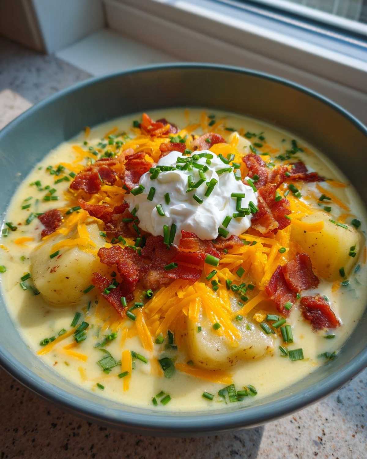 A close-up of a bowl of loaded baked potato soup topped with sour cream, cheddar cheese, bacon, and chives.