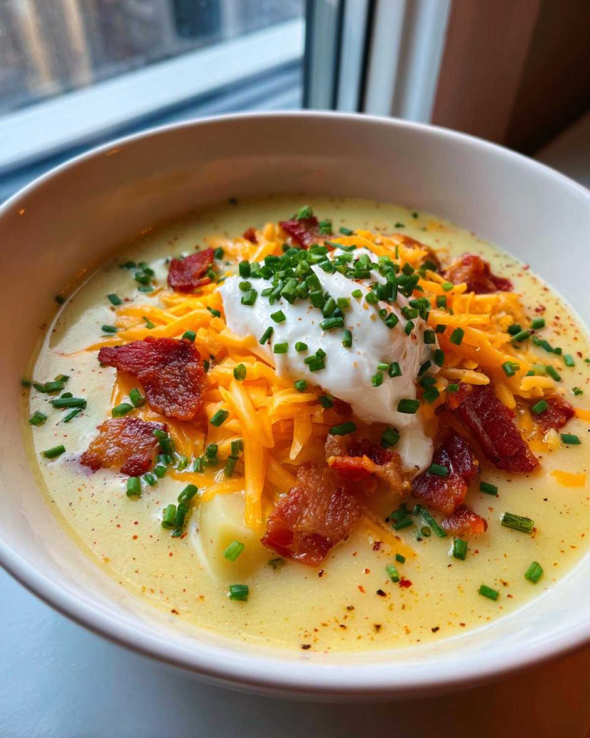 A creamy bowl of loaded baked potato soup topped with shredded cheese, bacon, sour cream, and chives.
