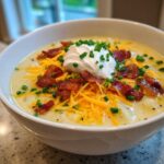 Close-up of a bowl of loaded baked potato soup topped with sour cream, bacon, cheese, and chives.