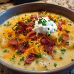 A creamy bowl of loaded baked potato soup topped with shredded cheddar, bacon bits, sour cream, and chives.